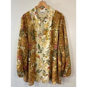 CJ BANKS Womens Sheer Blouse Floral Sz 24-26W Cottage Core Prairie Core Tropical